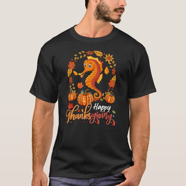 Happy Thanksgiving Seahorse In Leaves Pumpkins Flo T Shirt (Framsida)