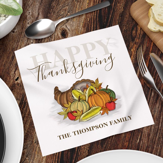 Happy thanksgiving Simple Autumn Harvest Anpassnin Pappersservett (Happy Thanksgiving cornucopia custom Holiday paper napkin, )
