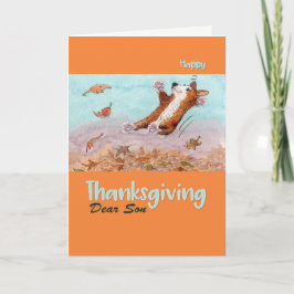 Happy thanksgiving Son, Corgi hund i hösten Helgkort