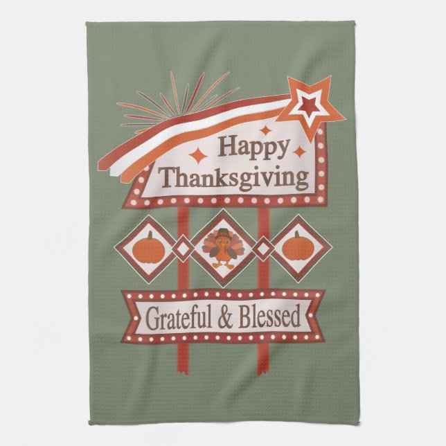 Happy thanksgiving tacksam och välsignad Retro-sig Kökshandduk (Vertikal)