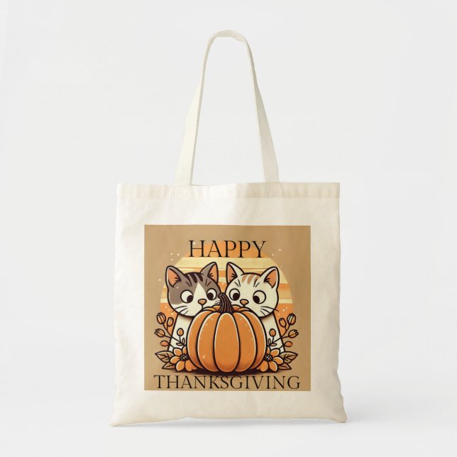 "Happy thanksgiving" Tecknad Cats Tote Bag Tygkasse (Framsidan)