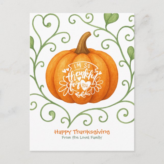 Happy Thanksgiving Thankful Scroll Pumpkin  Helg Vykort (Framsida)