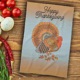Happy Thanksgiving Turkey fanned Tail Orange Blue Kökshandduk