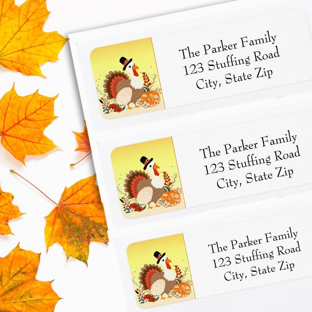  Happy Thanksgiving Turkey Folk Art Returadress Etikett (Skapare uppladdad)