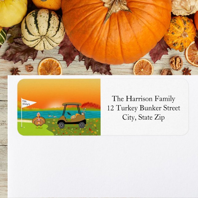 Happy Thanksgiving Turkey on Golf Course With Pie  Returadress Etikett (Skapare uppladdad)