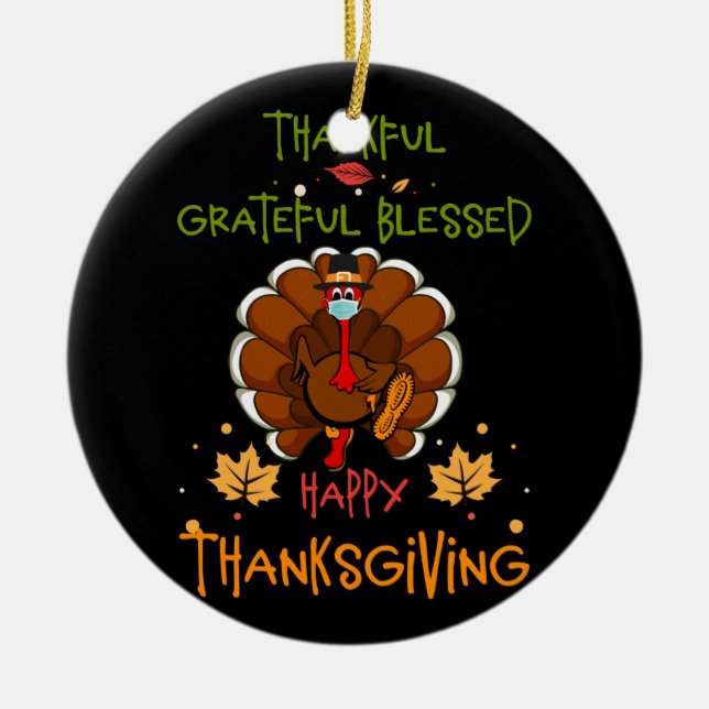 Happy thanksgiving Turkiet med en tacksam mask Julgransprydnad Keramik (Framsidan)