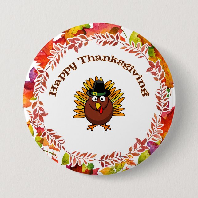 Happy thanksgiving Turkiet omringat Höst löv Knapp (Framsida)