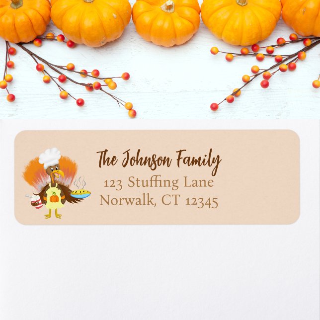 Happy thanksgiving Turkiet Serv Paj & Ice Cream Returadress Etikett (Tom Turkey Delivers Deliciousness! Thanksgiving labels for inviting autumn notes and more.)