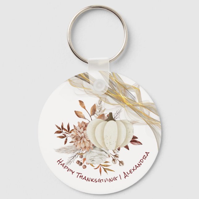 Happy thanksgiving Watercolor Pumpkin Golden Ribon Nyckelring (Framsida)