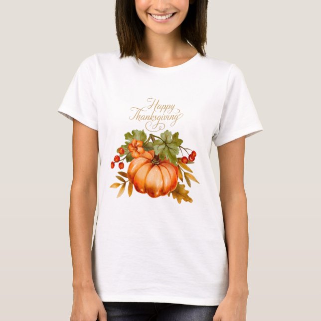 Happy thanksgiving Watercolor Pumpkin och Berries T Shirt (Framsida)