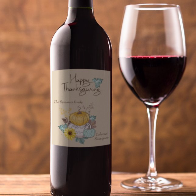 Happy thanksgiving Watercolor Söt Pumpkin Vinflaska Etikett (Skapare uppladdad)