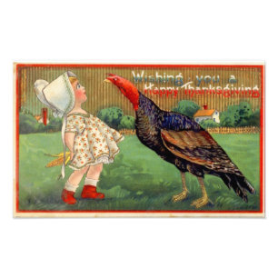 Happy thanksgivingliten flicka och Turkiet vintage Fototryck