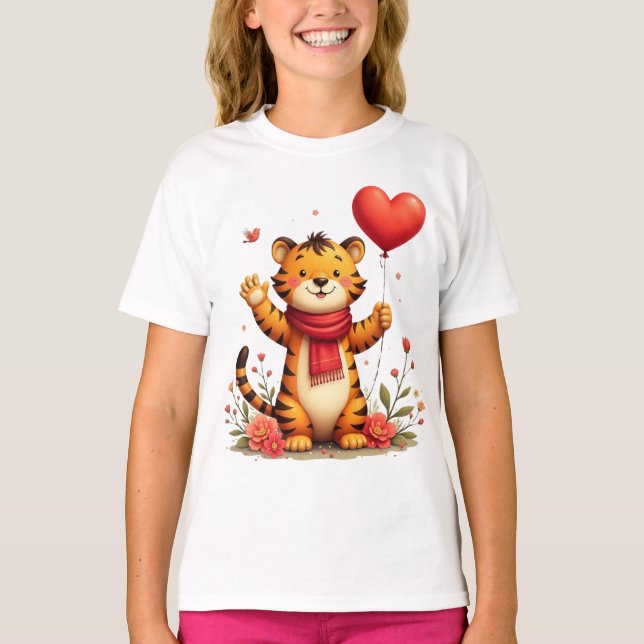Happy Tiger Holding A Heart Balloon T Shirt (Framsida)
