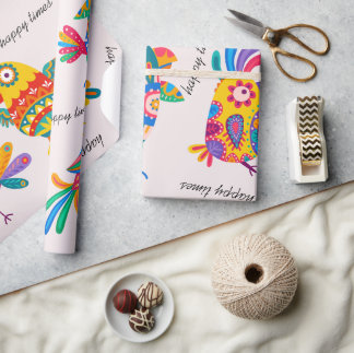 Happy times cute colorful folk art pink yellow presentpapper