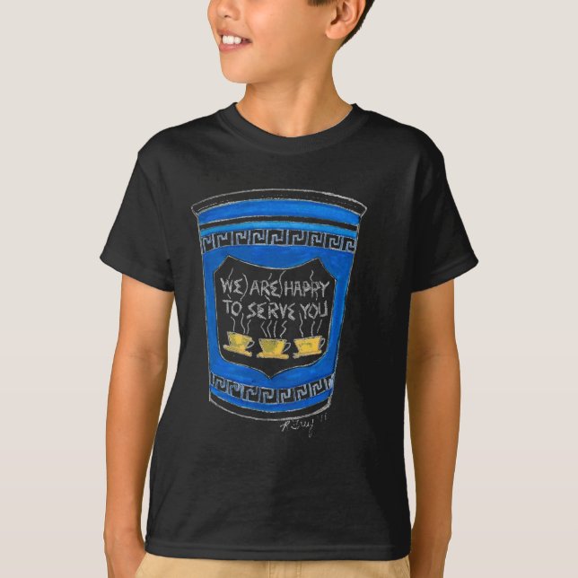 Happy To Serve You Blue Greek Diner Coffee Cup Nyc T Shirt (Framsida)