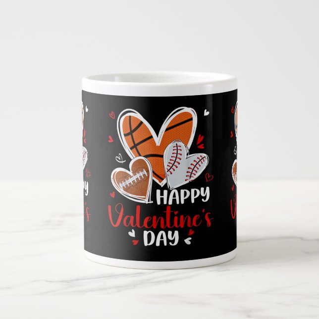 Happy Valentine Baseball Football Basketball Heart Jumbo Mugg (Framsidan)