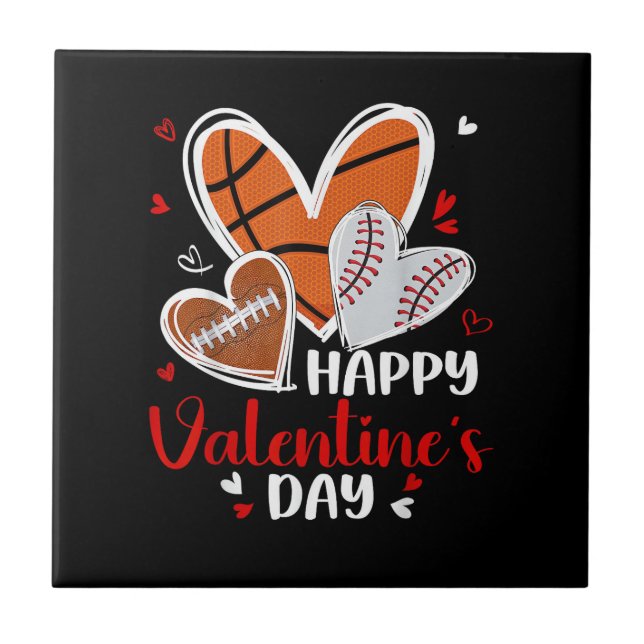 Happy Valentine Baseball Football Basketball Heart Kakelplatta (Framsidan)