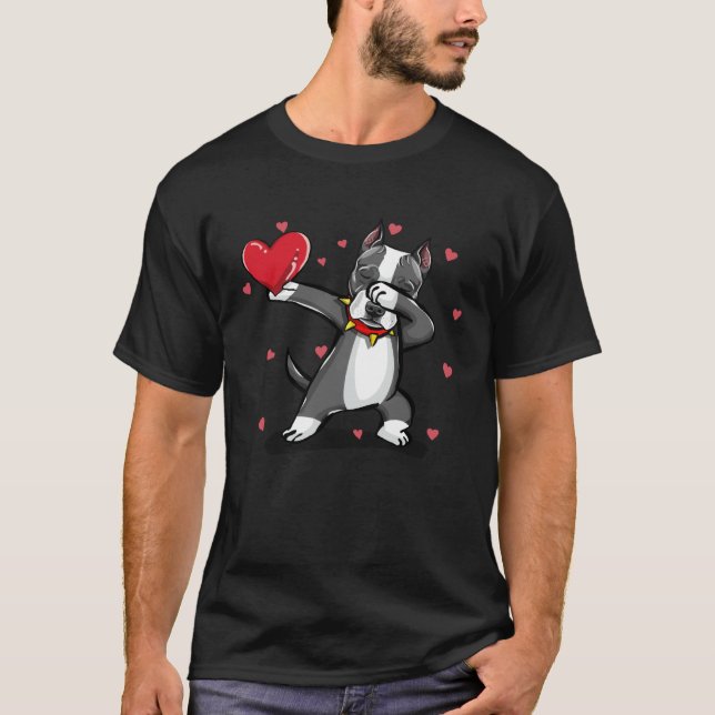 Happy Valentine Dabbing Dog Pitbull Men Women T Shirt (Framsida)