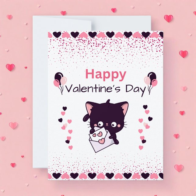Happy Valentine’s Day Kawaii Cat Kids Flat Card (Skapare uppladdad)