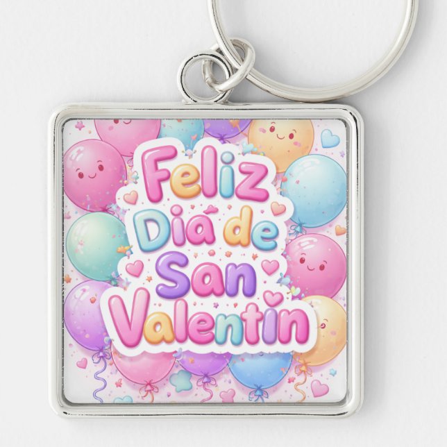 “Happy Valentine’s Day” Keychain – Romantic Gift Fyrkantig Silverfärgad Nyckelring (Framsidan)