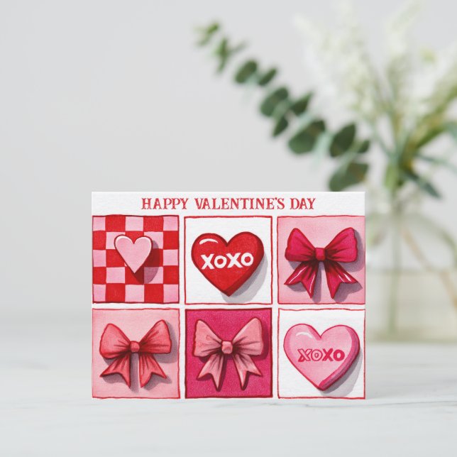 Happy Valentine’s Day Pink & Red XOXO Card Vykort (Stående Fram)