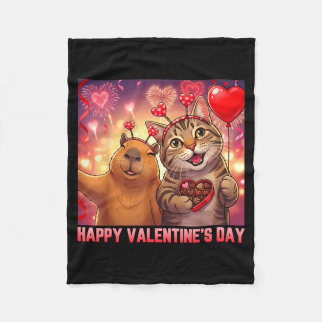 Happy Valentines 2026 Cute Cat Capybara Party Art  Fleecefilt (Framsidan)