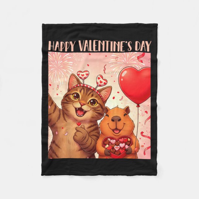 Happy Valentines 2026 Cute Cat Capybara Party Art  Fleecefilt (Framsidan)