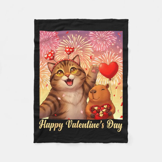 Happy Valentines 2026 Cute Cat Capybara Party Art  Fleecefilt (Framsidan)