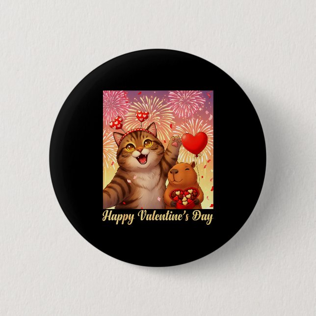 Happy Valentines 2026 Cute Cat Capybara Party Art  Knapp (Framsida)
