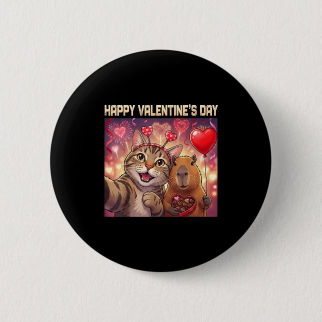 Happy Valentines 2026 Cute Cat Capybara Party Art  Knapp (Framsida)