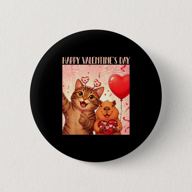 Happy Valentines 2026 Cute Cat Capybara Party Art  Knapp (Framsida)