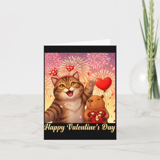 Happy Valentines 2026 Cute Cat Capybara Party Art  Kort (Framsida)