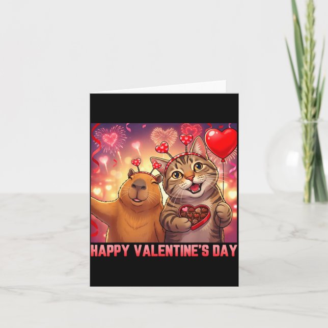 Happy Valentines 2026 Cute Cat Capybara Party Art  Kort (Framsida)