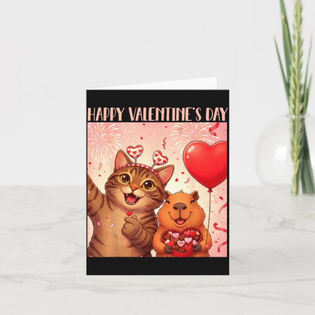 Happy Valentines 2026 Cute Cat Capybara Party Art  Kort (Framsida)