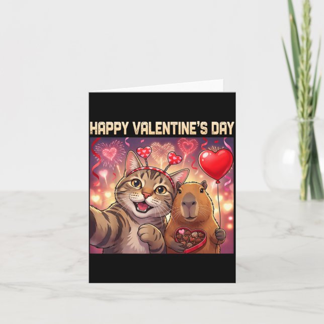 Happy Valentines 2026 Cute Cat Capybara Party Art  Kort (Framsida)