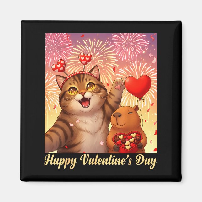 Happy Valentines 2026 Cute Cat Capybara Party Art  Magnet (Framsidan)