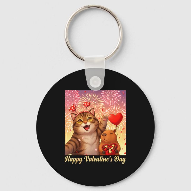 Happy Valentines 2026 Cute Cat Capybara Party Art  Nyckelring (Framsida)