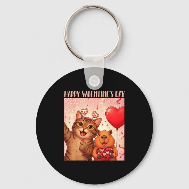 Happy Valentines 2026 Cute Cat Capybara Party Art  Nyckelring (Framsida)