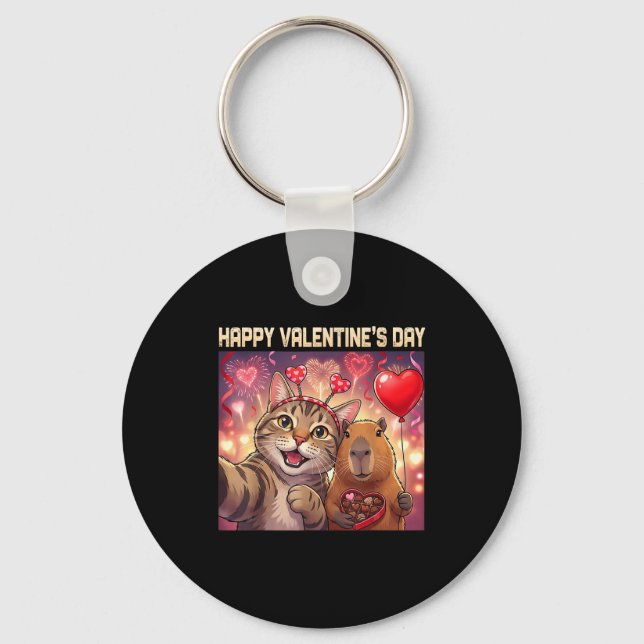 Happy Valentines 2026 Cute Cat Capybara Party Art  Nyckelring (Framsida)