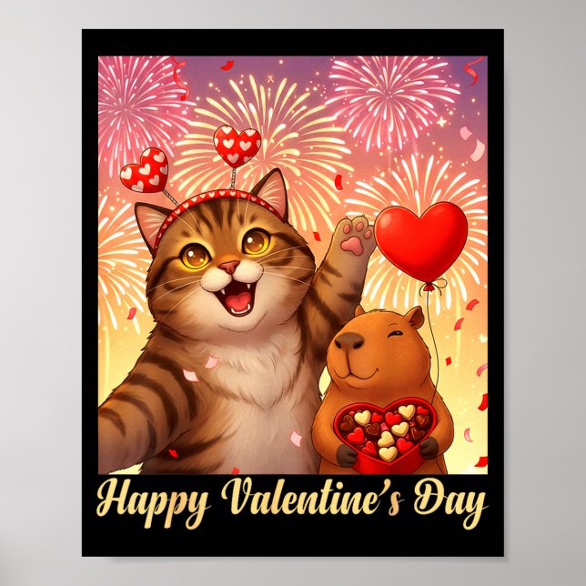 Happy Valentines 2026 Cute Cat Capybara Party Art  Poster (Framsidan)