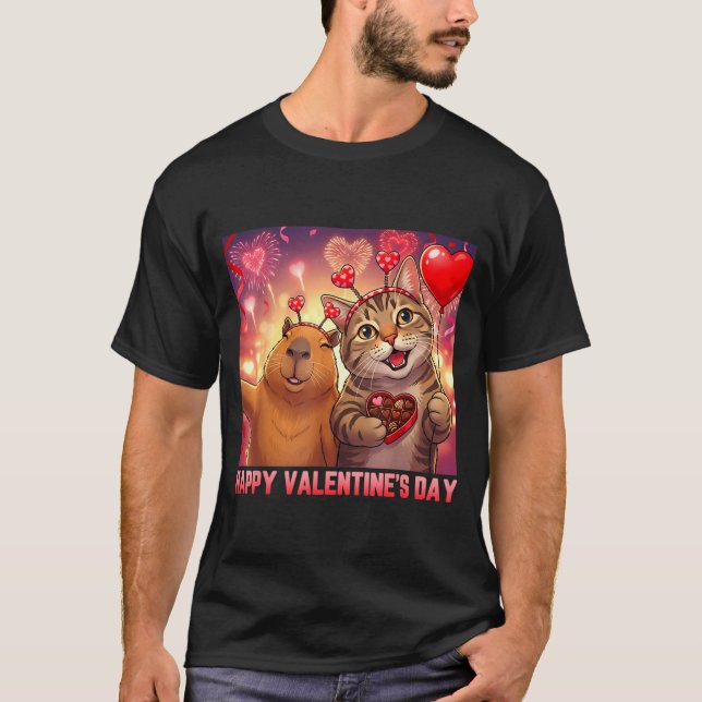 Happy Valentines 2026 Cute Cat Capybara Party Art  T Shirt (Framsida)