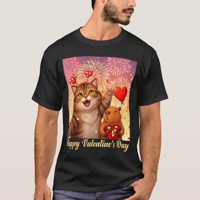Happy Valentines 2026 Cute Cat Capybara Party Art  T Shirt (Framsida)