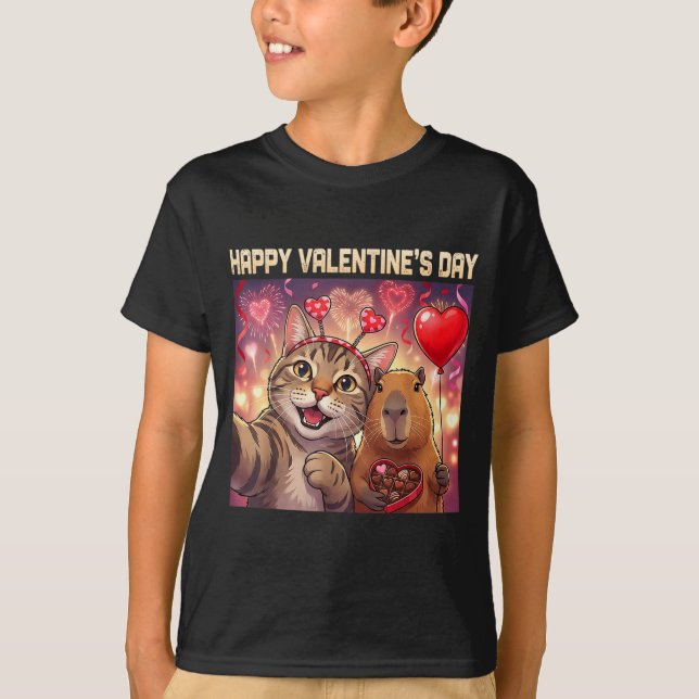 Happy Valentines 2026 Cute Cat Capybara Party Art  T Shirt (Framsida)