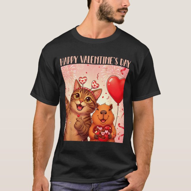 Happy Valentines 2026 Cute Cat Capybara Party Art  T Shirt (Framsida)
