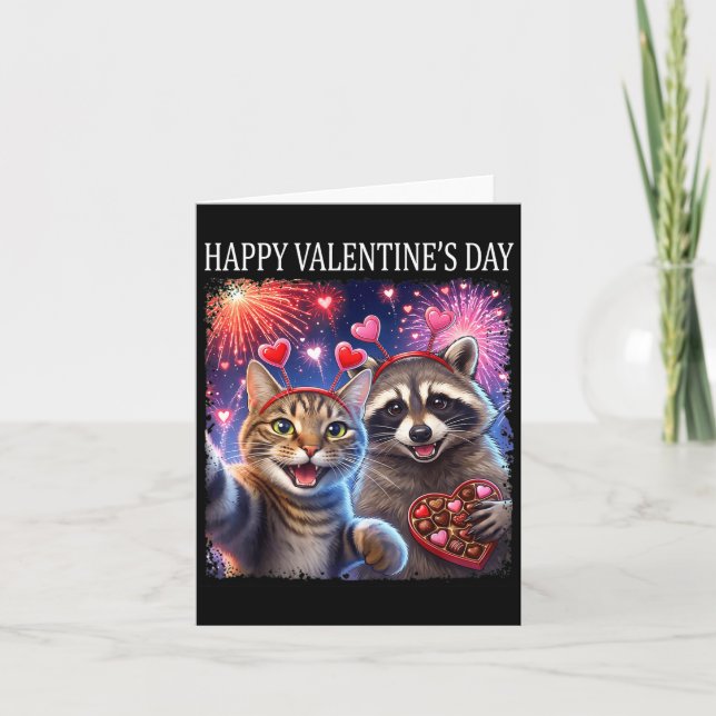 Happy Valentines 2026 Cute Cat Raccoon Party Art  Kort (Framsida)