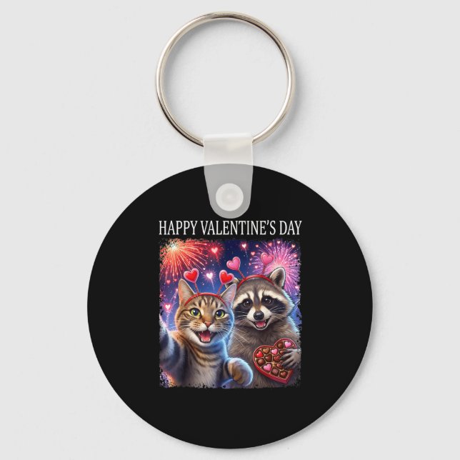 Happy Valentines 2026 Cute Cat Raccoon Party Art  Nyckelring (Framsida)