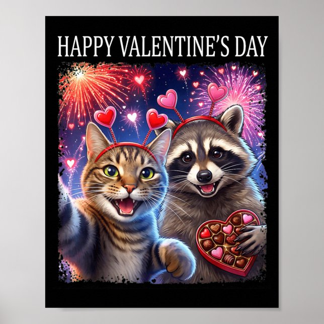 Happy Valentines 2026 Cute Cat Raccoon Party Art  Poster (Framsidan)