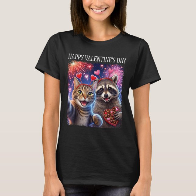 Happy Valentines 2026 Cute Cat Raccoon Party Art  T Shirt (Framsida)