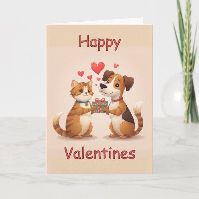 Happy Valentines Cat & Dog design Kort (Framsida)