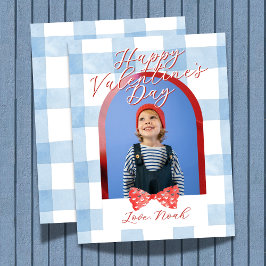 Happy Valentine's Day Arch Photo Blue Gingham Card Julkort